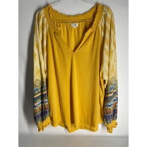 Umgee Yellow Boho Smocked Neck Cuff Long Sleeve Blouse Flowy Size Large